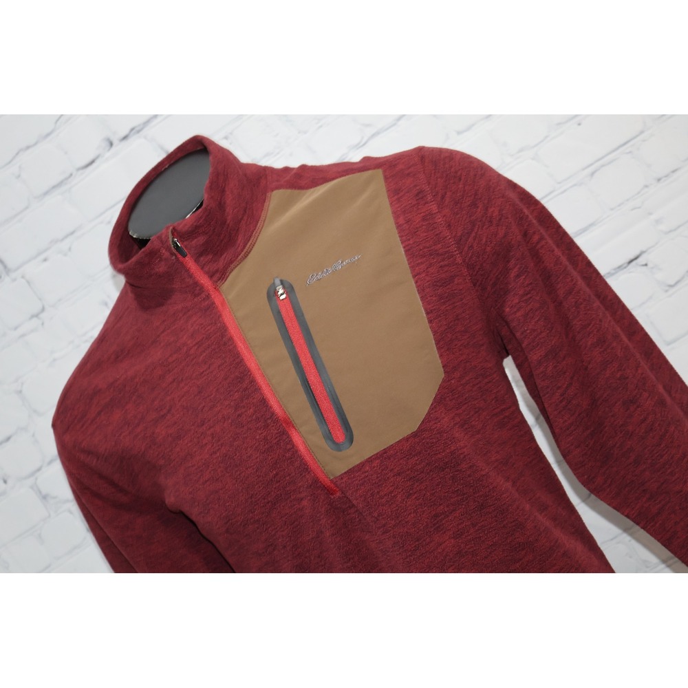 Eddie Bauer Pullover Men Large Red 1/4 Zip Fleece Contrast Pocket Sweater